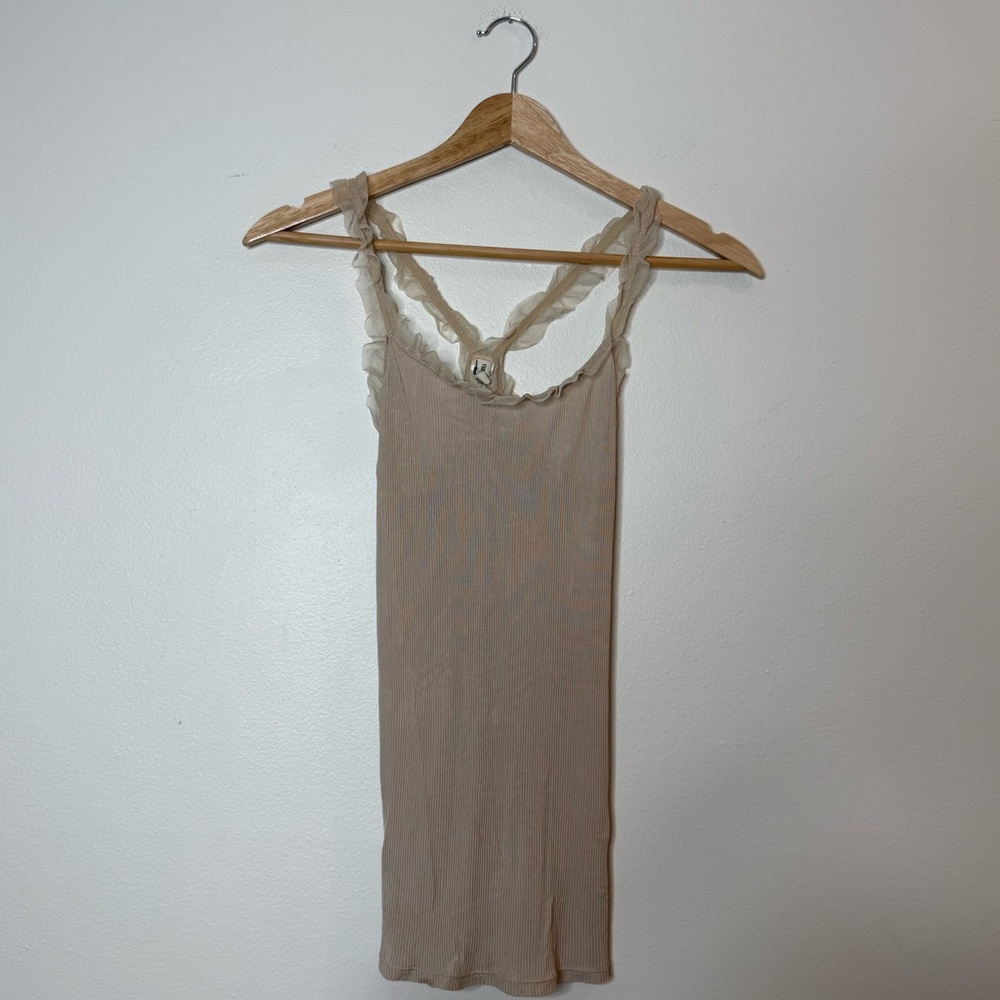 Vera Wang Designer 100% silk ribbed frilly ruffle mesh racer back tank top